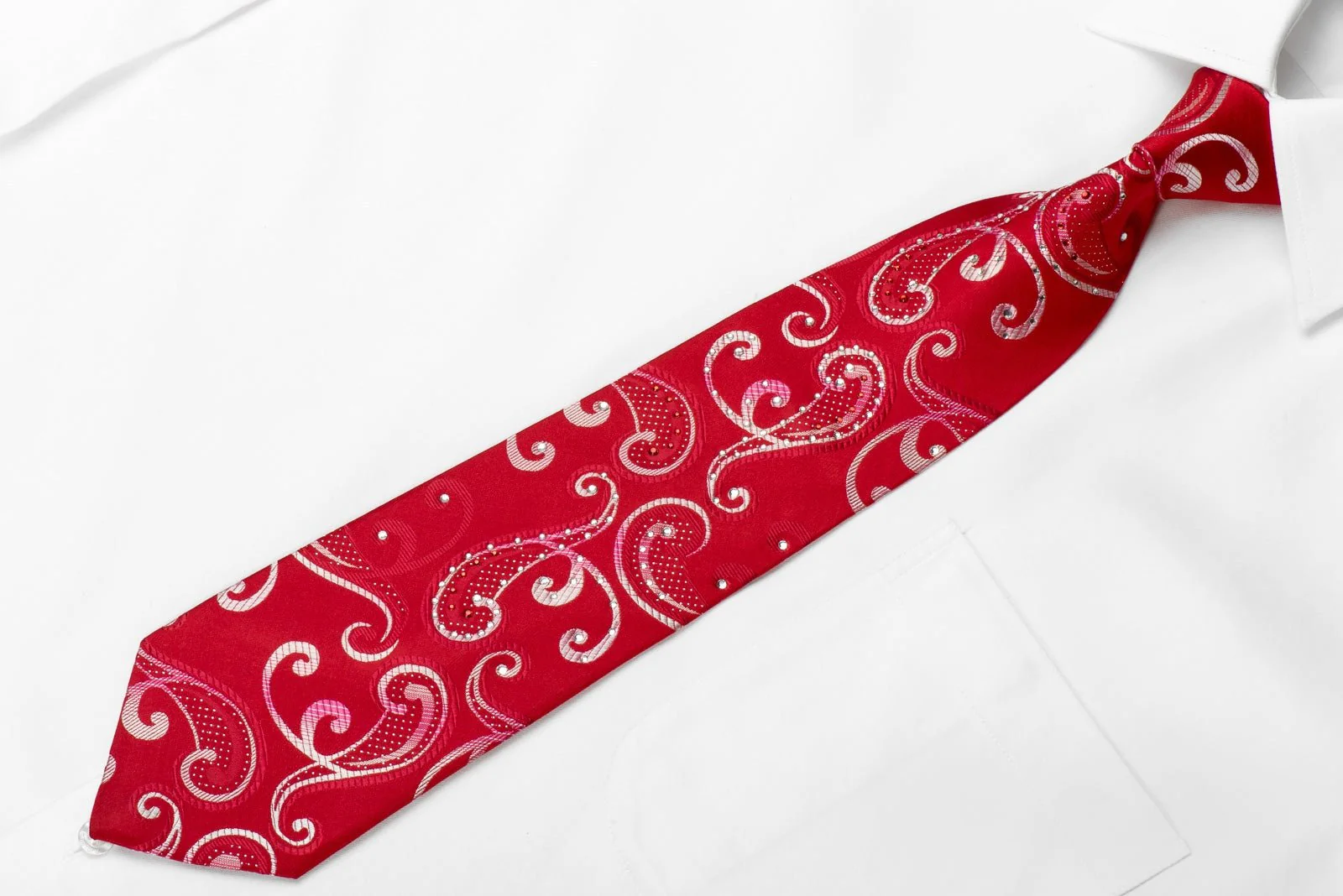Elegance Mens Crystal Silk Tie Silver Scrolls On Red With Sparkles - Image 3