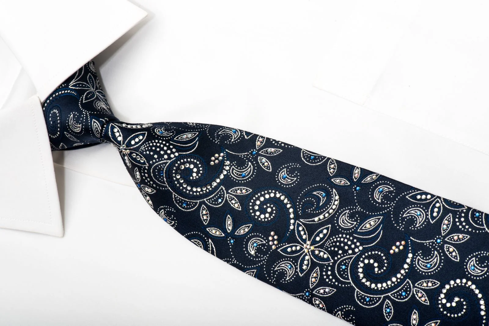Elegance Mens Rhinestone Silk Necktie Floral On Navy Blue With Silver Sparkles - Image 2