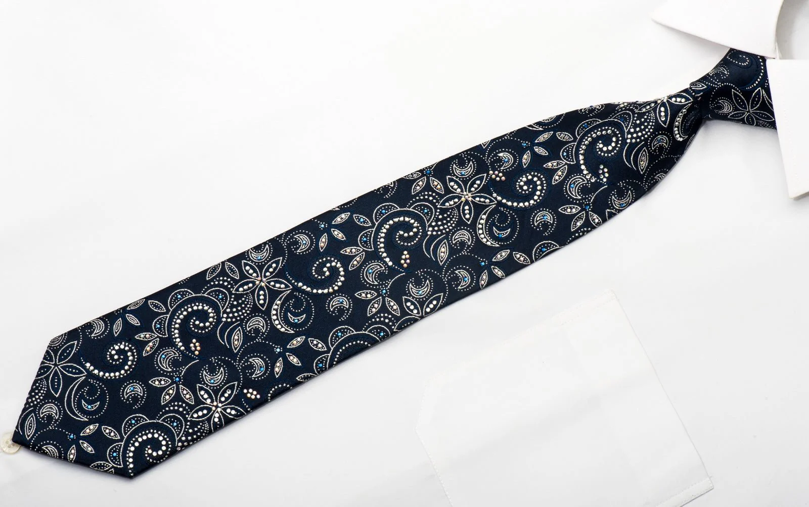Elegance Mens Rhinestone Silk Necktie Floral On Navy Blue With Silver Sparkles - Image 4