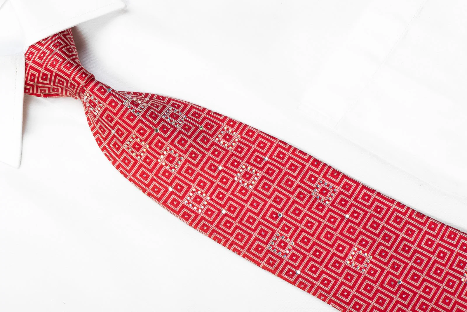 Elegance Mens Rhinestone Silk Necktie Silver Geometric On Red With Sparkles - Image 2