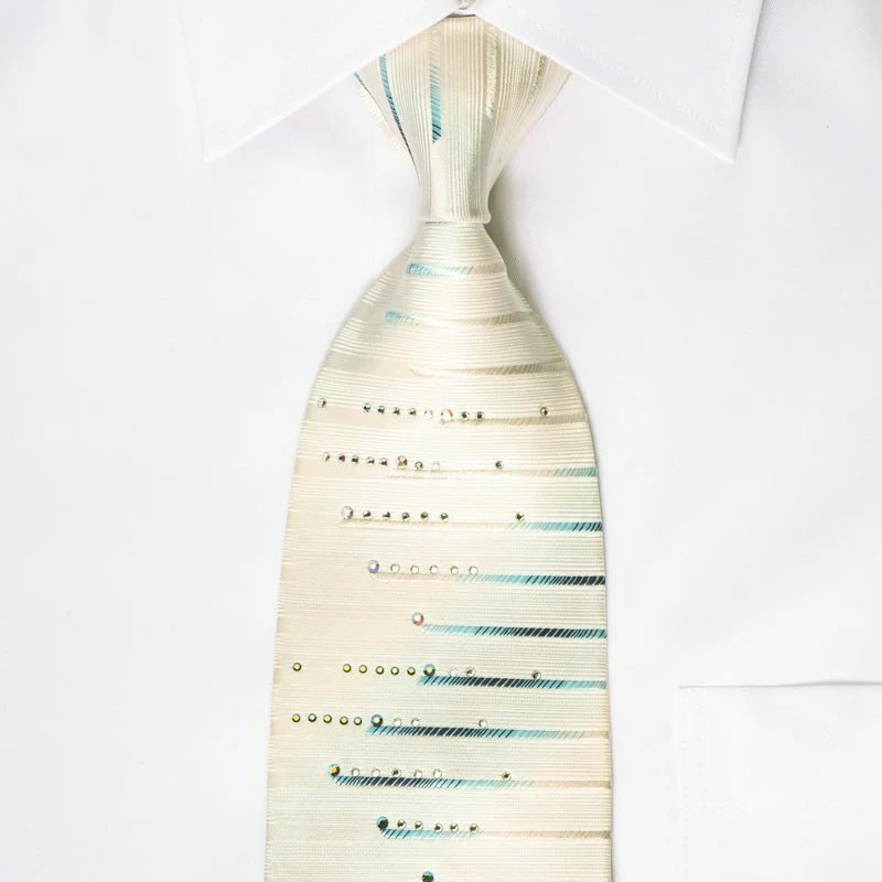 Elegance Rhinestone Necktie Blue Horizontal Striped On White Silk - Image 4