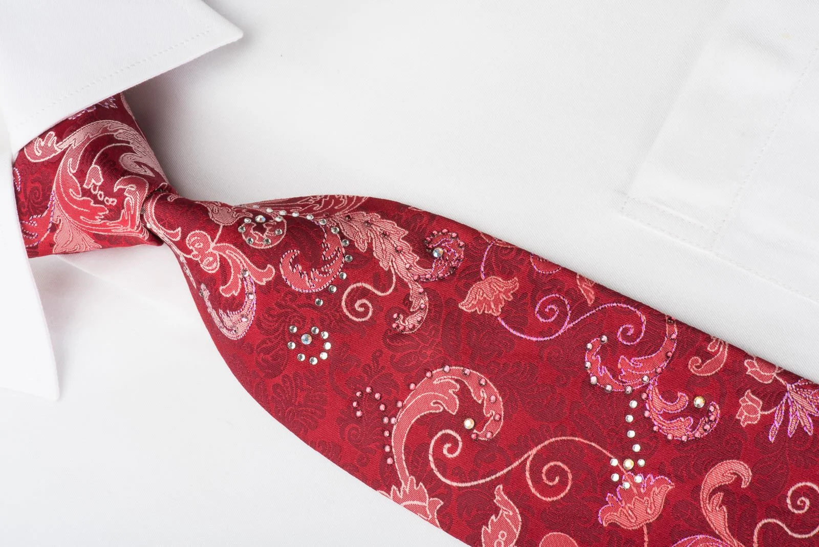 Elegance Rhinestone Silk Necktie Acanthus On Red With Red Sparkles - Image 2