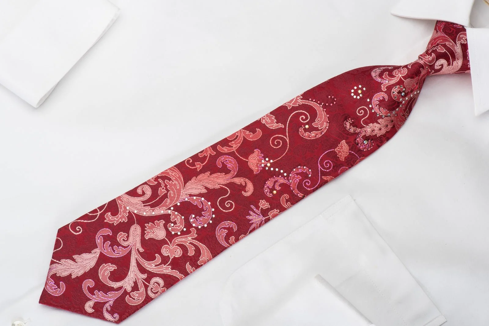 Elegance Rhinestone Silk Necktie Acanthus On Red With Red Sparkles - Image 3