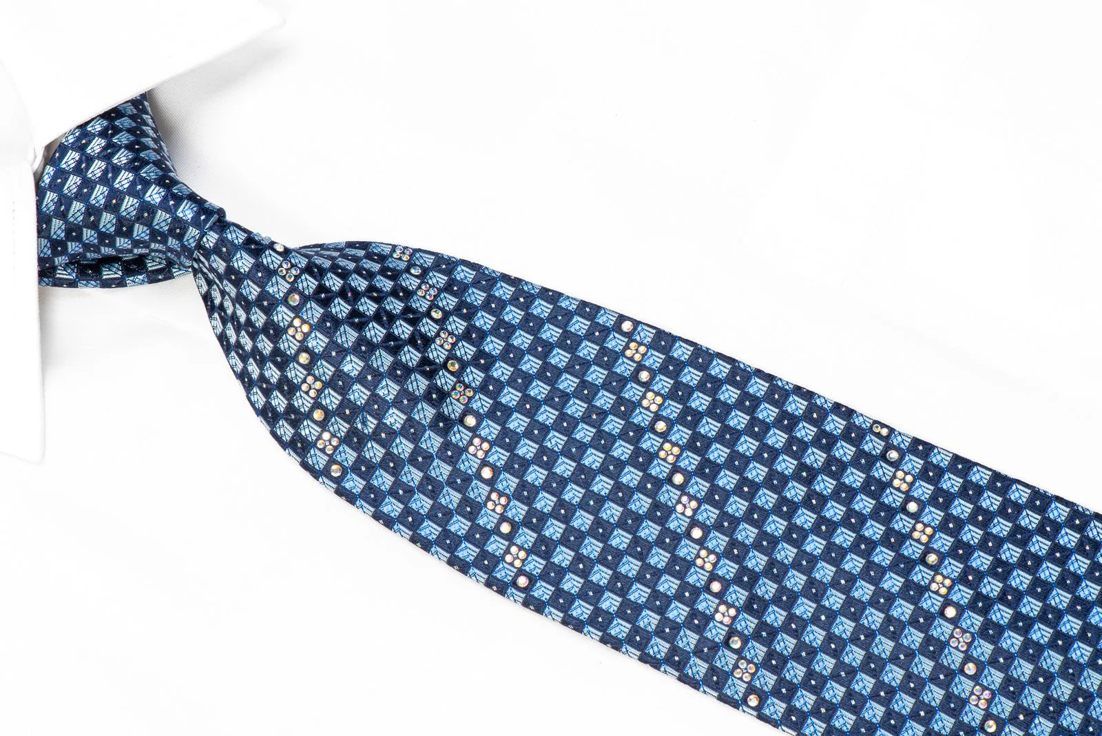 Elegance Rhinestone Silk Necktie Blue Checkered With Silver Sparkles - Image 2
