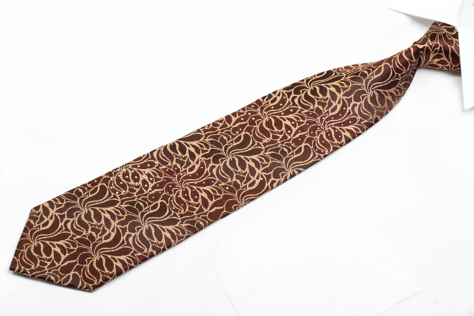 Rhinestone Silk Necktie Floral On Brown With Silver Sparkles - Image 3
