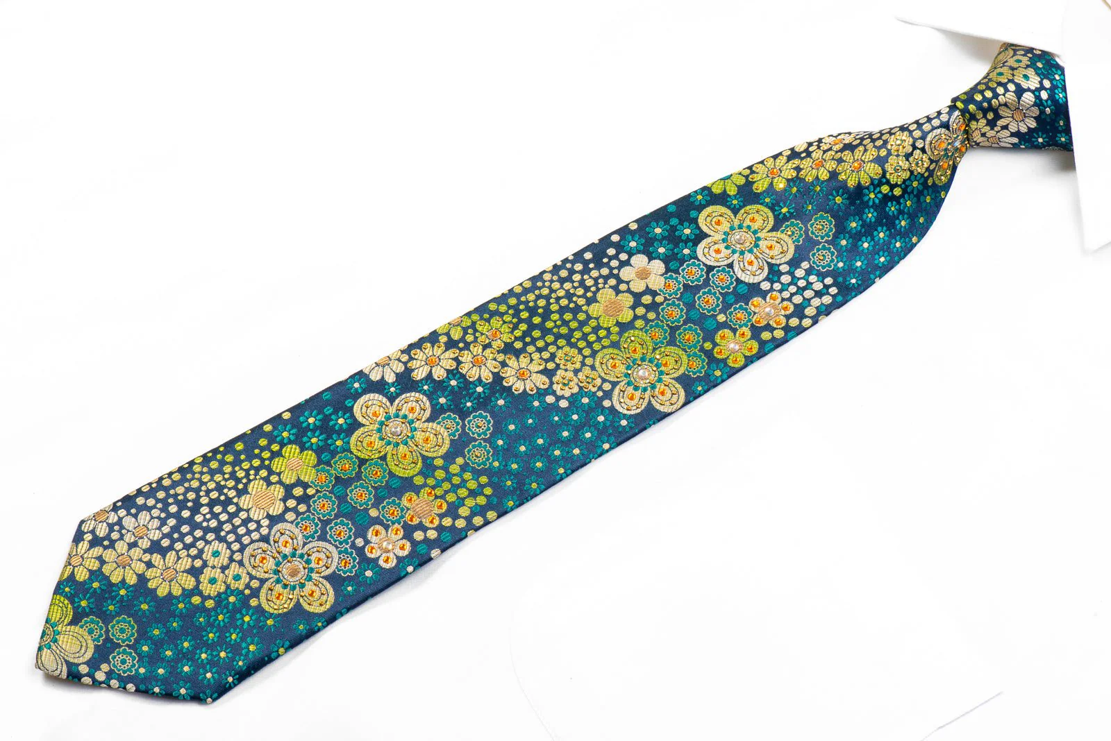 Elegance Rhinestone Silk Necktie Floral On Teal Turquoise With Gold Studs - Image 4
