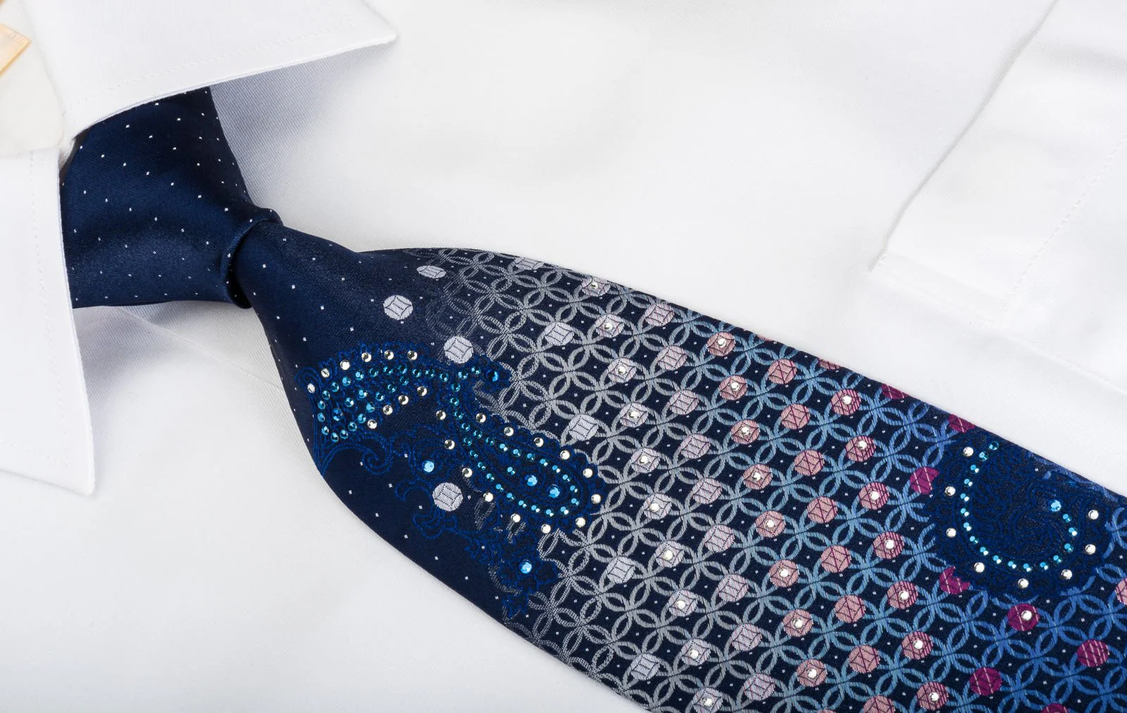 Elegance Rhinestone Silk Necktie Geometric Baroque On Blue - Image 2