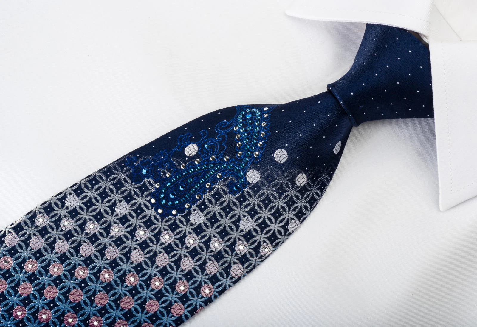 Elegance Rhinestone Silk Necktie Geometric Baroque On Blue - Image 4
