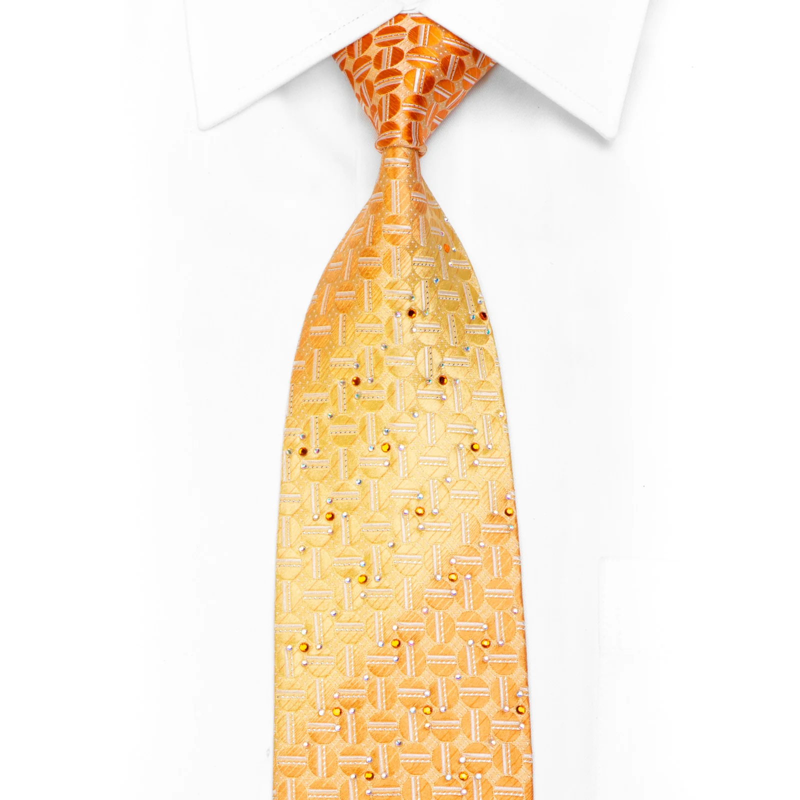 Elegance Rhinestone Silk Necktie Geometric On Orange With Silver Sparkles