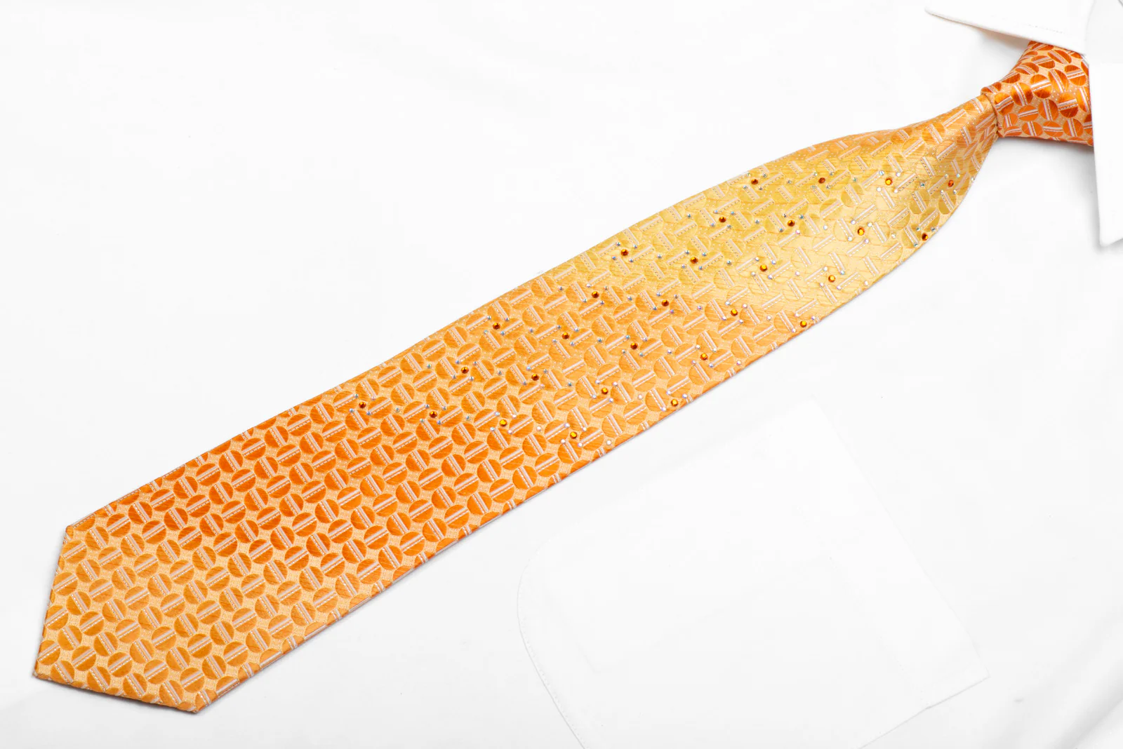 Elegance Rhinestone Silk Necktie Geometric On Orange With Silver Sparkles - Image 3
