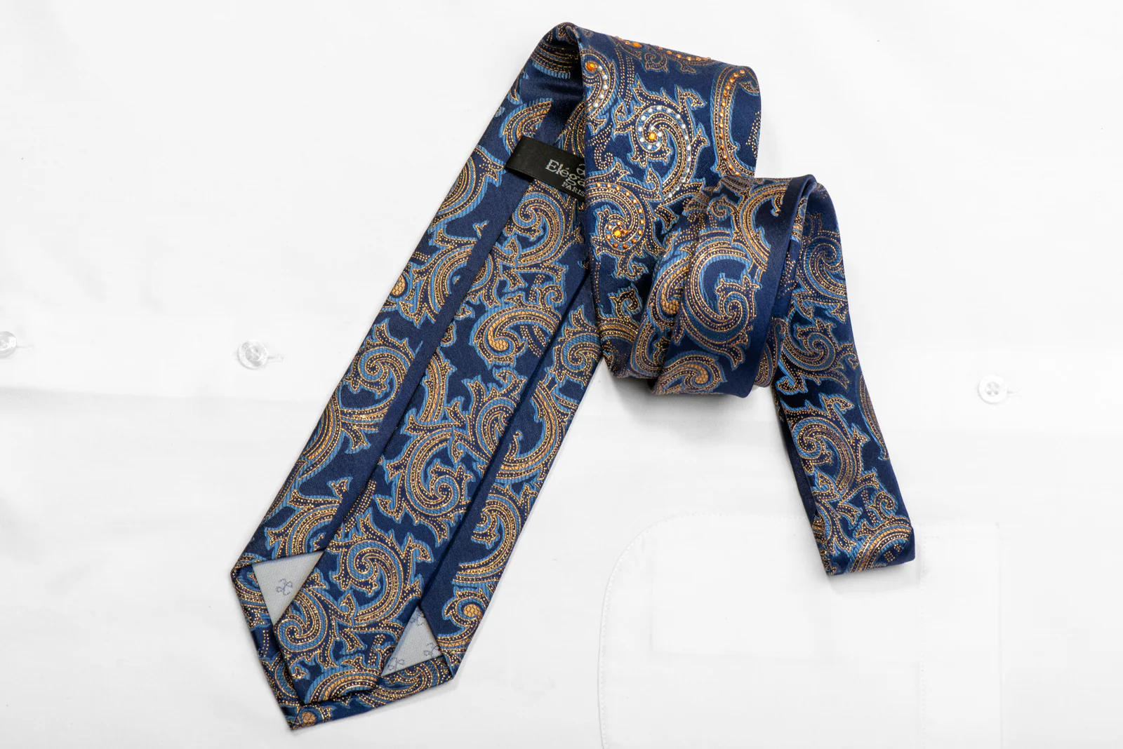 Elegance Rhinestone Silk Necktie Gold Paisley On Blue With Sparkles - Image 4