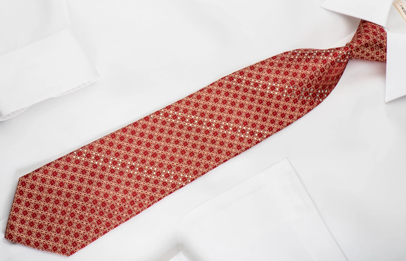 Elegance Rhinestone Silk Necktie Gold Trellis On Red With Gold Sparkles - Image 7