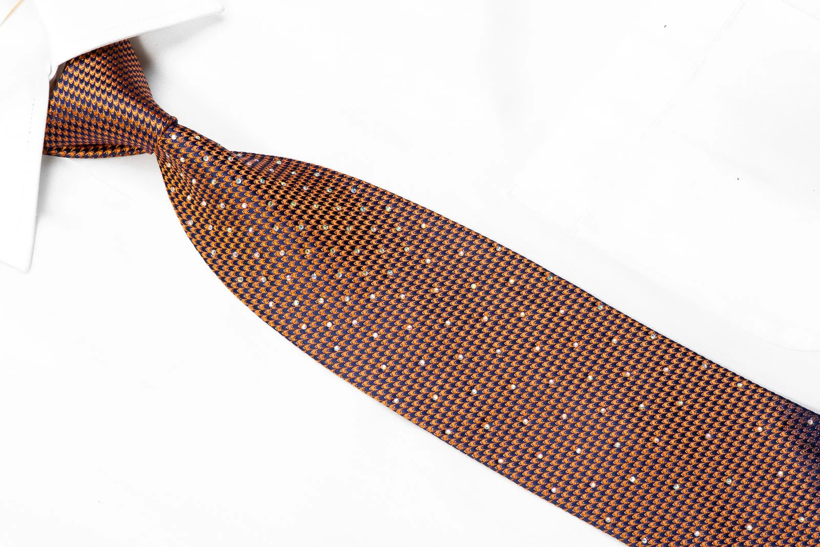 Elegance Rhinestone Silk Necktie Orange Houndstooth On Navy With Silver Sparkles - Image 2