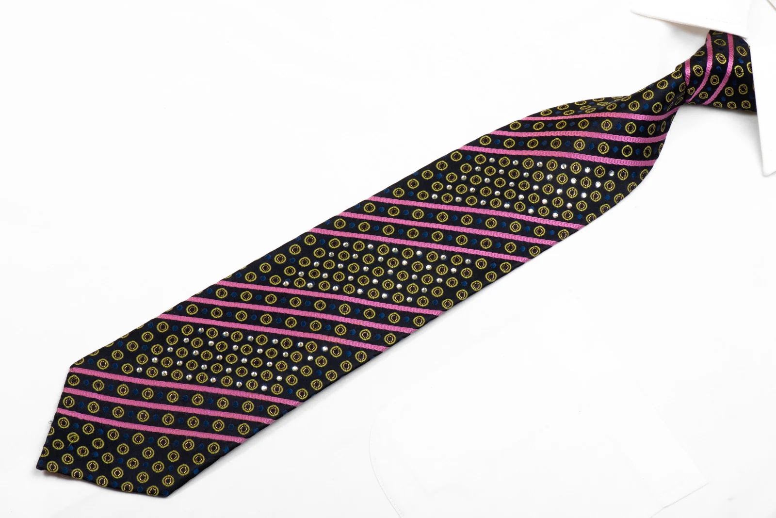 Elegance Rhinestone Silk Necktie Pink Green Stripes Geometric On Navy With Sparkle - Image 3
