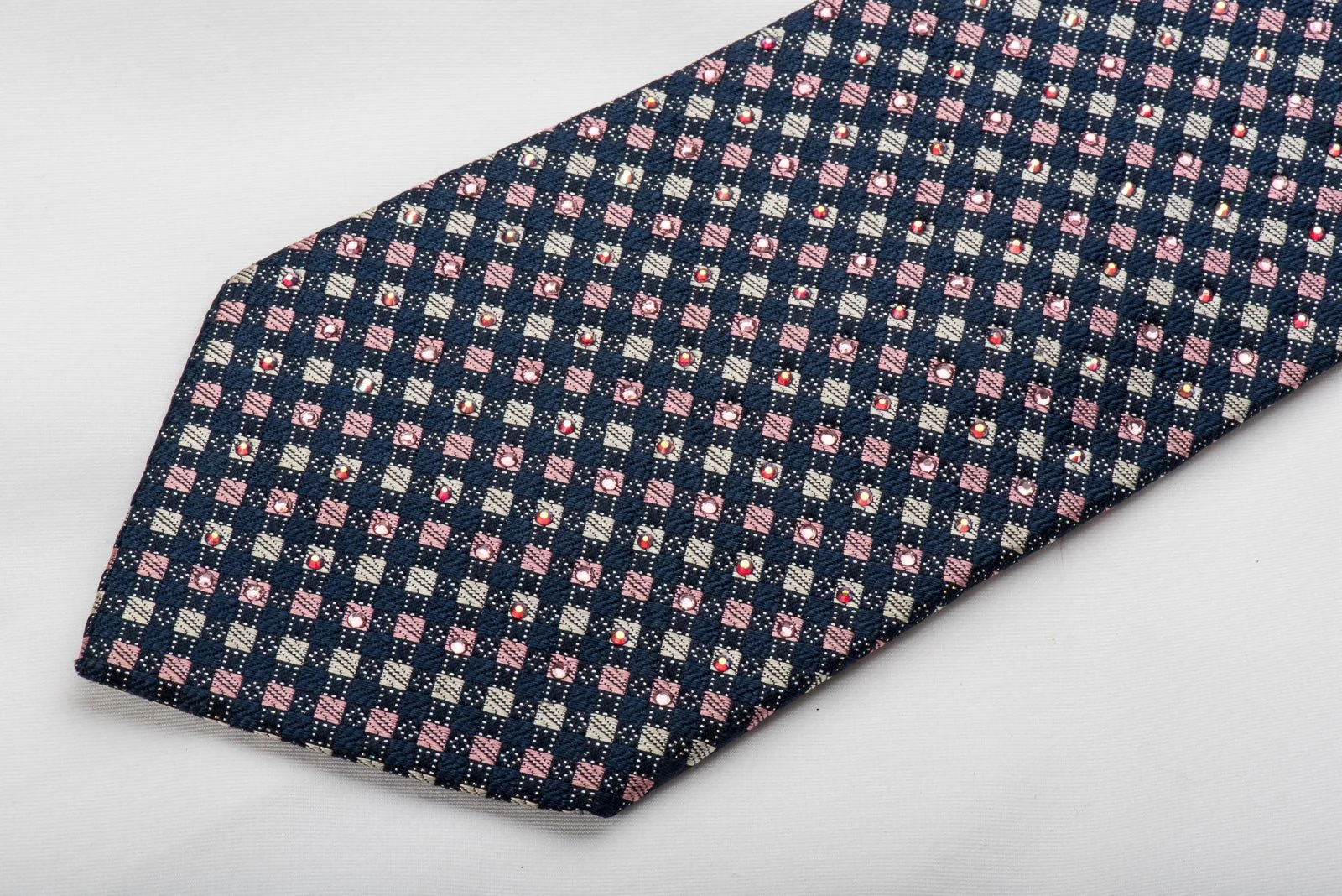 Elegance Rhinestone Silk Necktie Pink Silver Checker On Blue With Silver Sparkles - Image 3