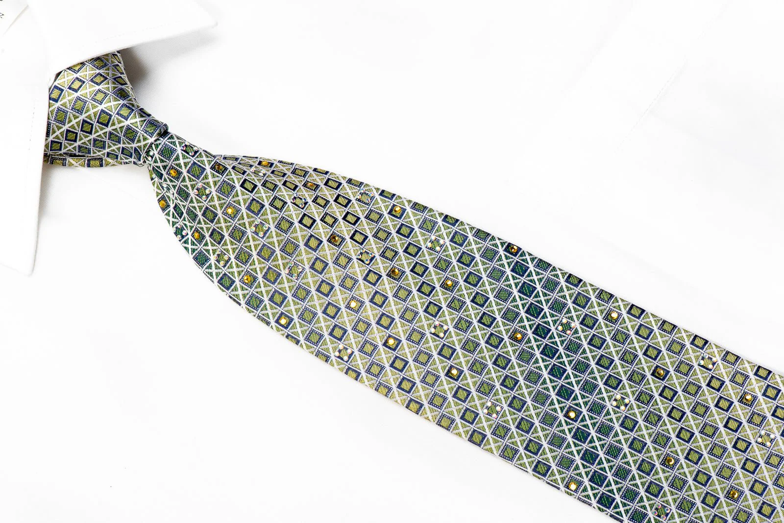 Elegance Rhinestone Silk Necktie Silver Blue Trellis On Green With Sparkles - Image 2