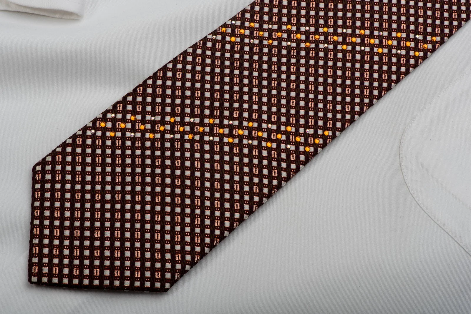 Elegance Rhinestone Silk Necktie Silver Checkered On Burgundy With Copper Sparkles - Image 3
