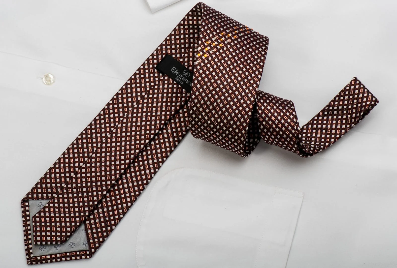 Elegance Rhinestone Silk Necktie Silver Checkered On Burgundy With Copper Sparkles - Image 4