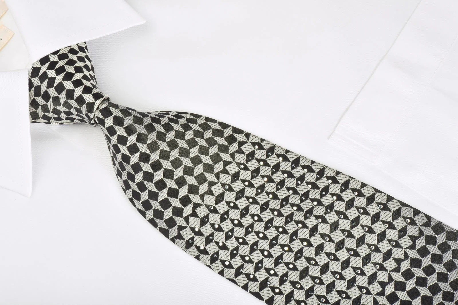 Elegance Rhinestone Silk Necktie Silver Geometric On Black With Silver Sparkles - Image 2