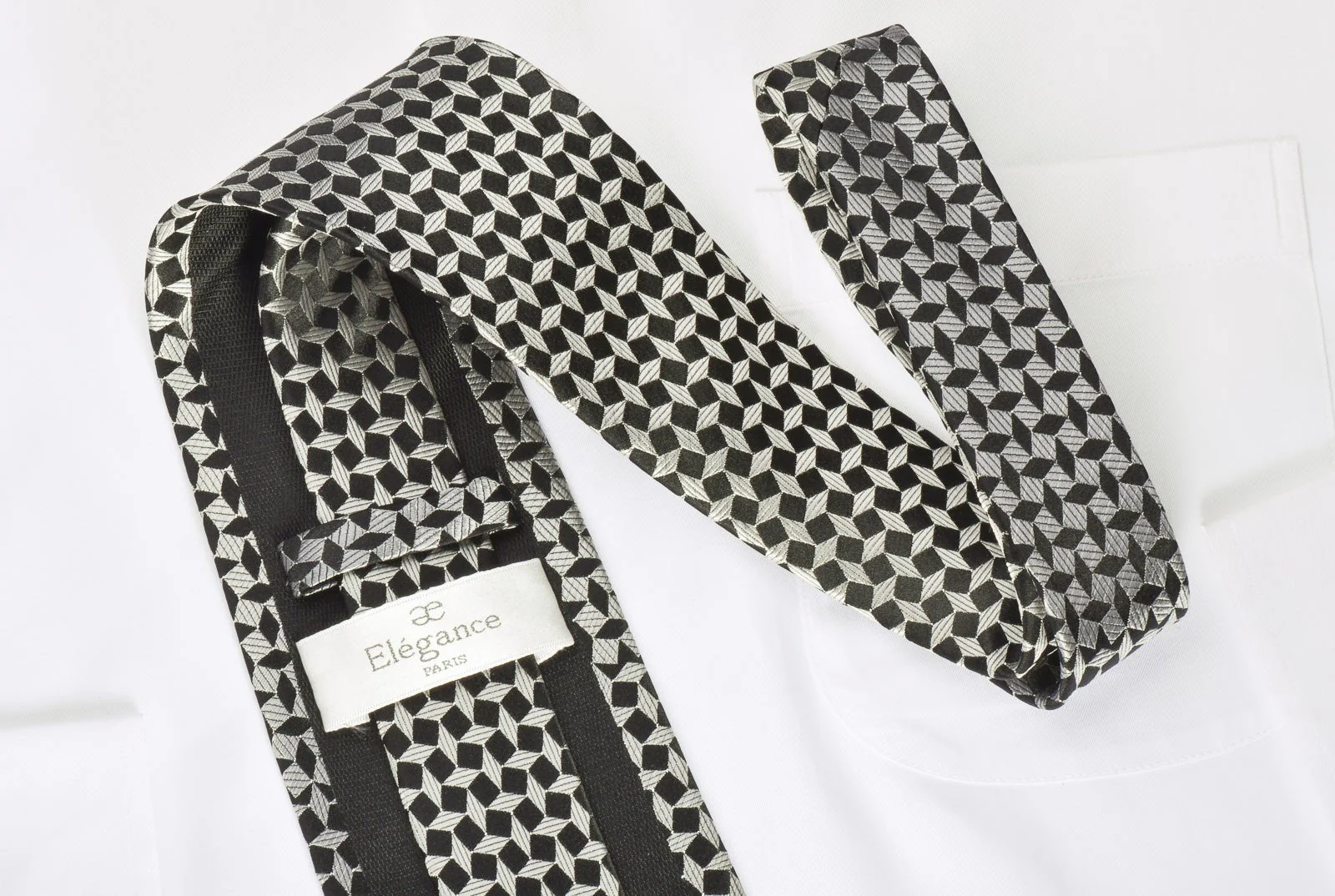 Elegance Rhinestone Silk Necktie Silver Geometric On Black With Silver Sparkles - Image 3