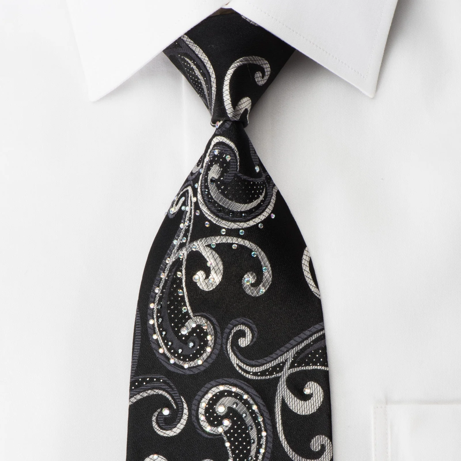 Elegance Rhinestone Silk Necktie Silver Scrolls On Black With Silver Sparkles