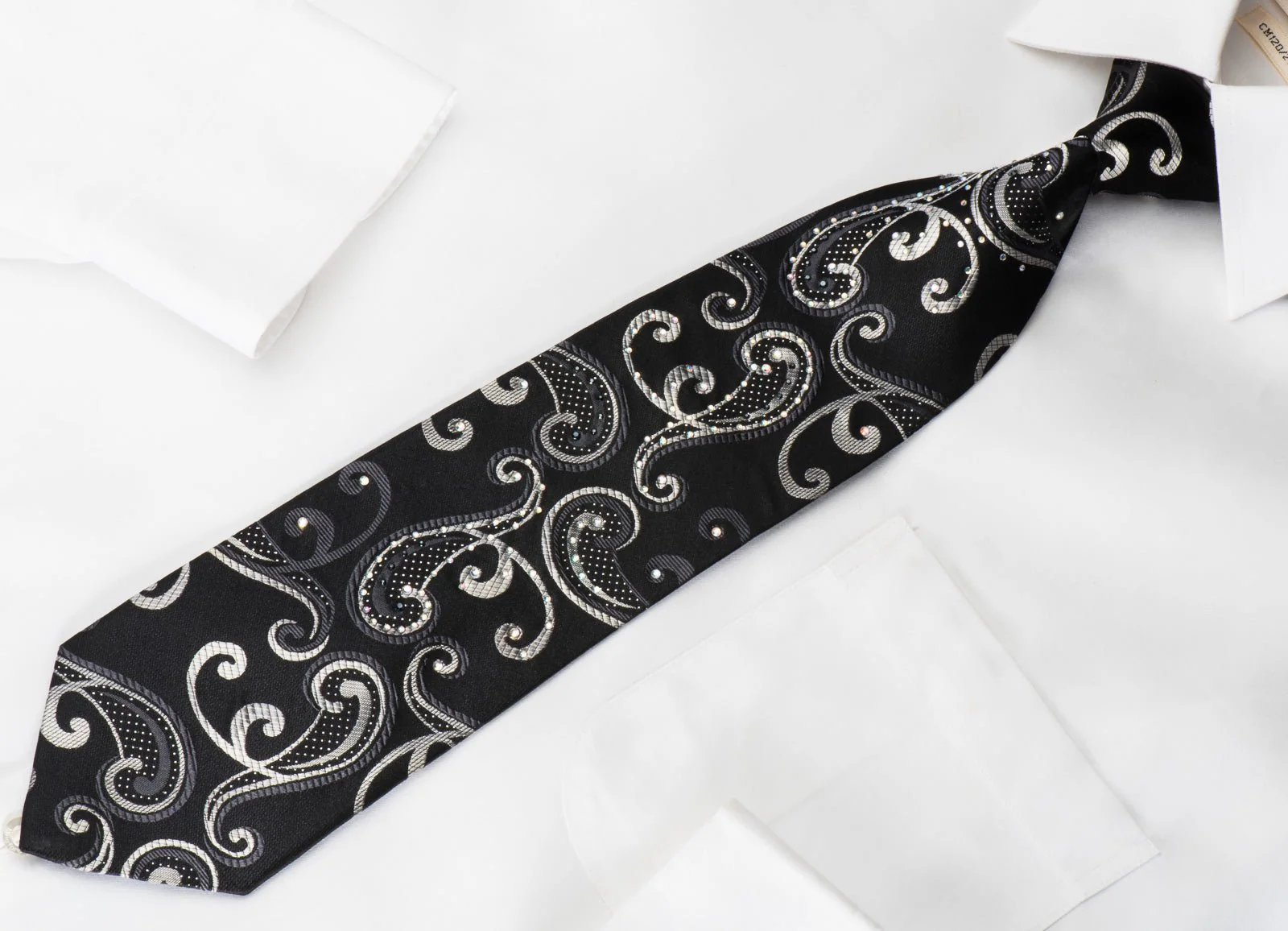 Elegance Rhinestone Silk Necktie Silver Scrolls On Black With Silver Sparkles - Image 5