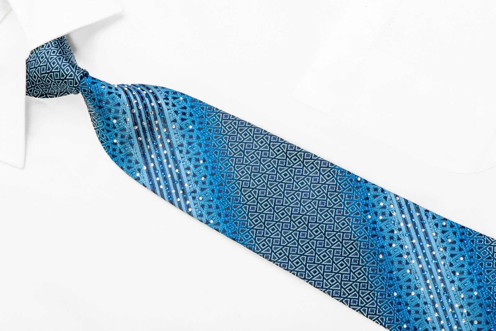 Elegance Rhinestone Silk Tie Blue Striped Geometric On Navy With Sparkles - Image 2