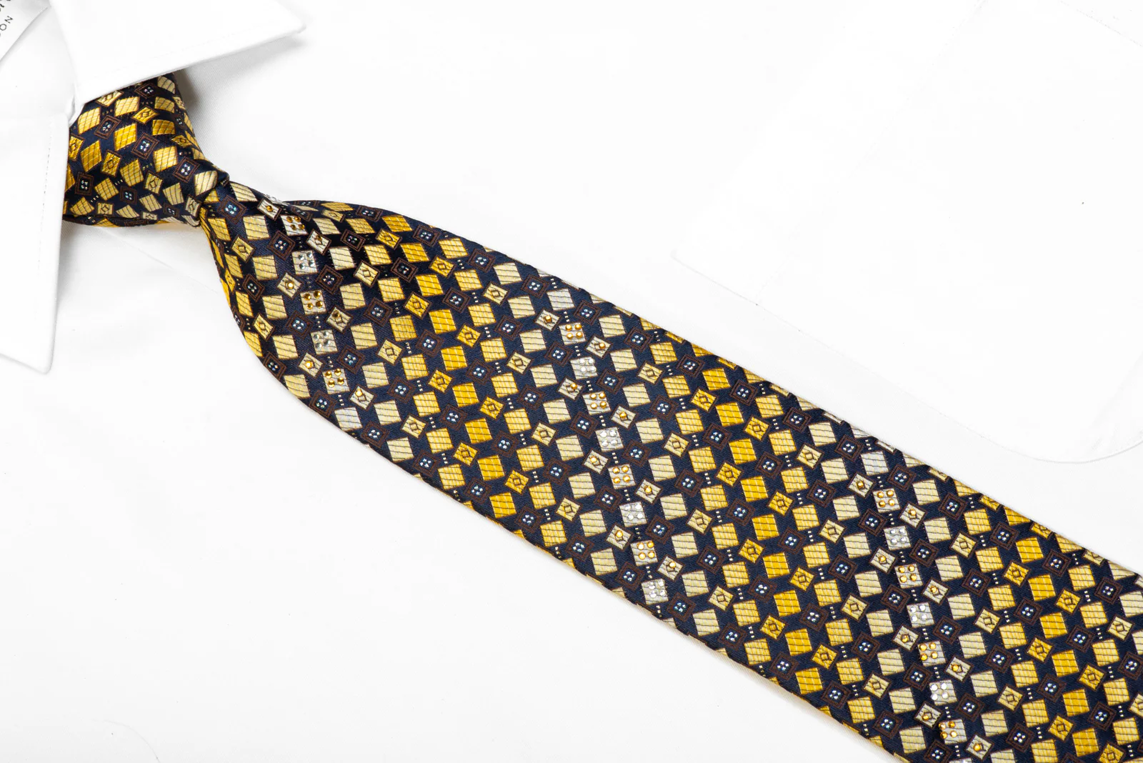 Elegance Rhinestone Silk Tie Yellow Geometric On Navy With Sparkles - Image 2