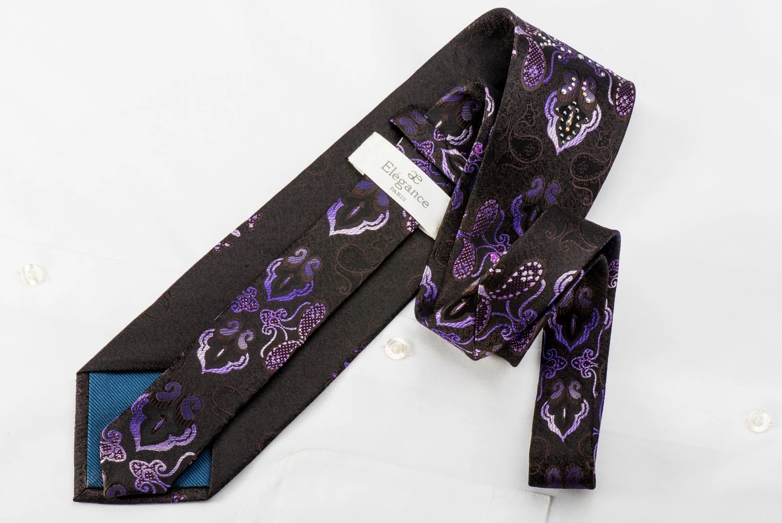 Elegance Mens Rhinestone Tie Purple Damask On Brown With Sparkles - Image 4