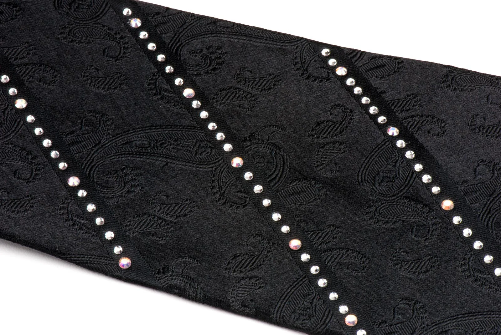 Elegance Rhinestone Tie Striped White Rhinestones On Woven Black Silk 3 1/4 Inch - Image 5