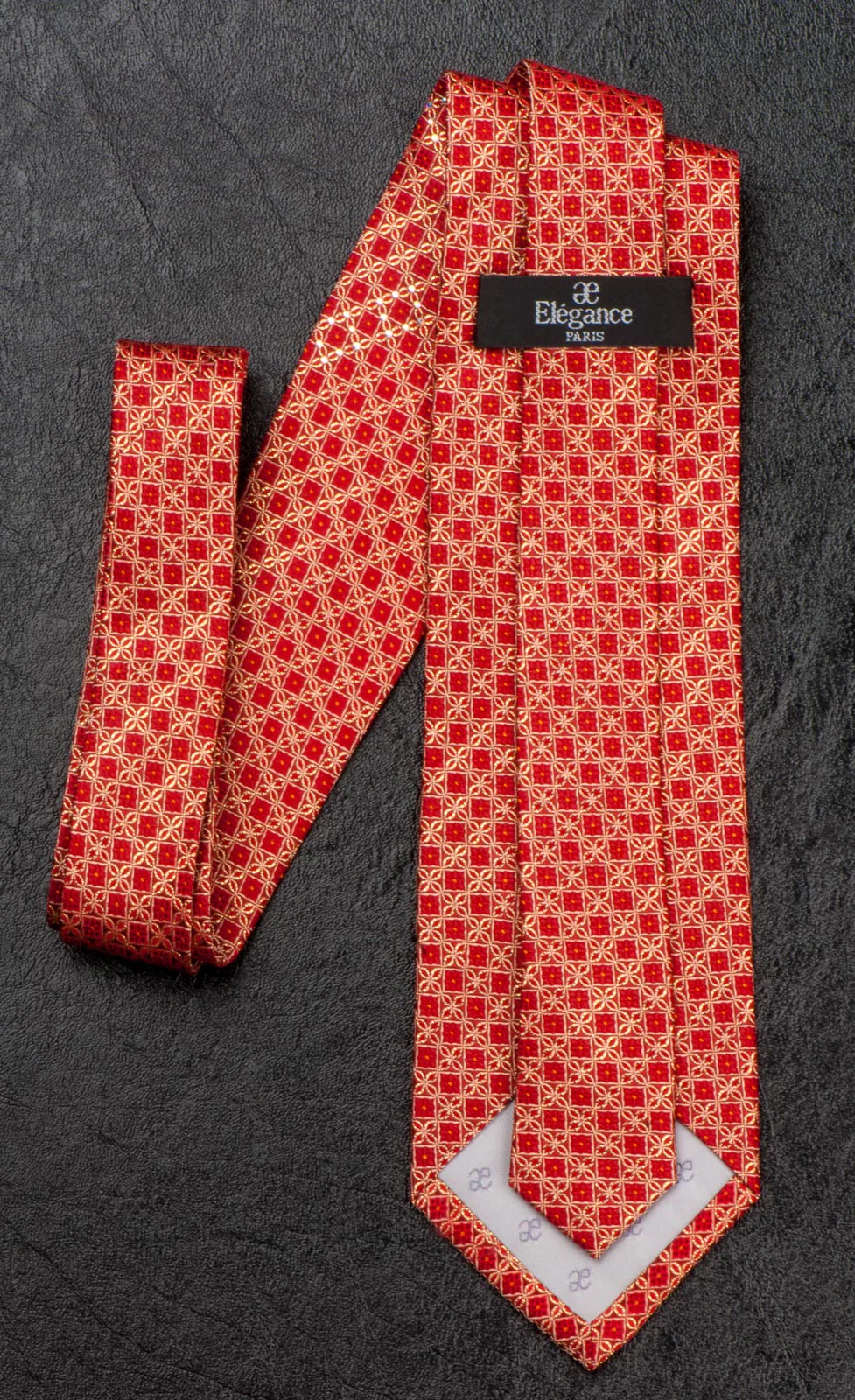 Elégance Silk Neck Tie Golden Geometric Design On Red With White Rhinestones - Image 5