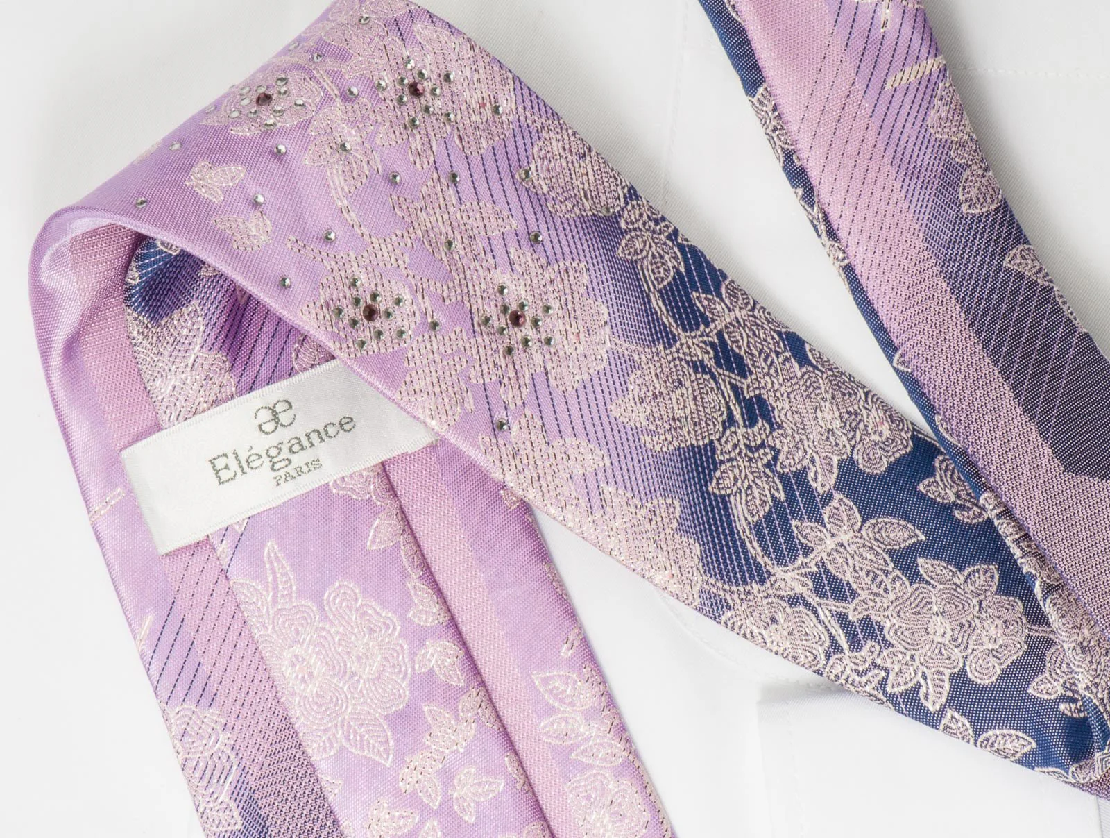 Elegance Silk Neck Tie Silver Floral Design On Mauve Gray With White & Purple Crystal Rhinestones - Image 4