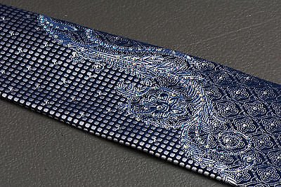 Elegance Silk Neck Tie Silver Scroll Quatrefoil On Dark Blue With Rhinestones - Image 5