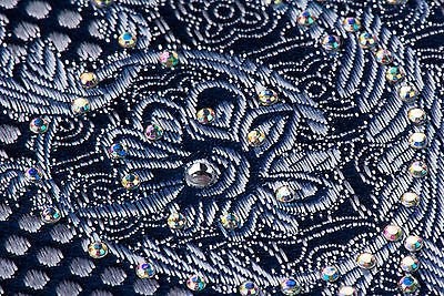 Elegance Silk Neck Tie Silver Scroll Quatrefoil On Dark Blue With Rhinestones - Image 7