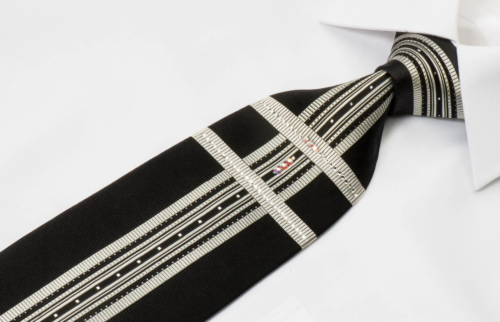 Elegance Silk Necktie Silver Stripes On Black With White Crystal Rhinestones & Silver Sparkles - Image 3
