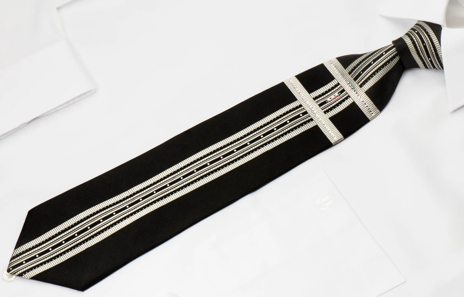 Elegance Silk Necktie Silver Stripes On Black With White Crystal Rhinestones & Silver Sparkles - Image 4
