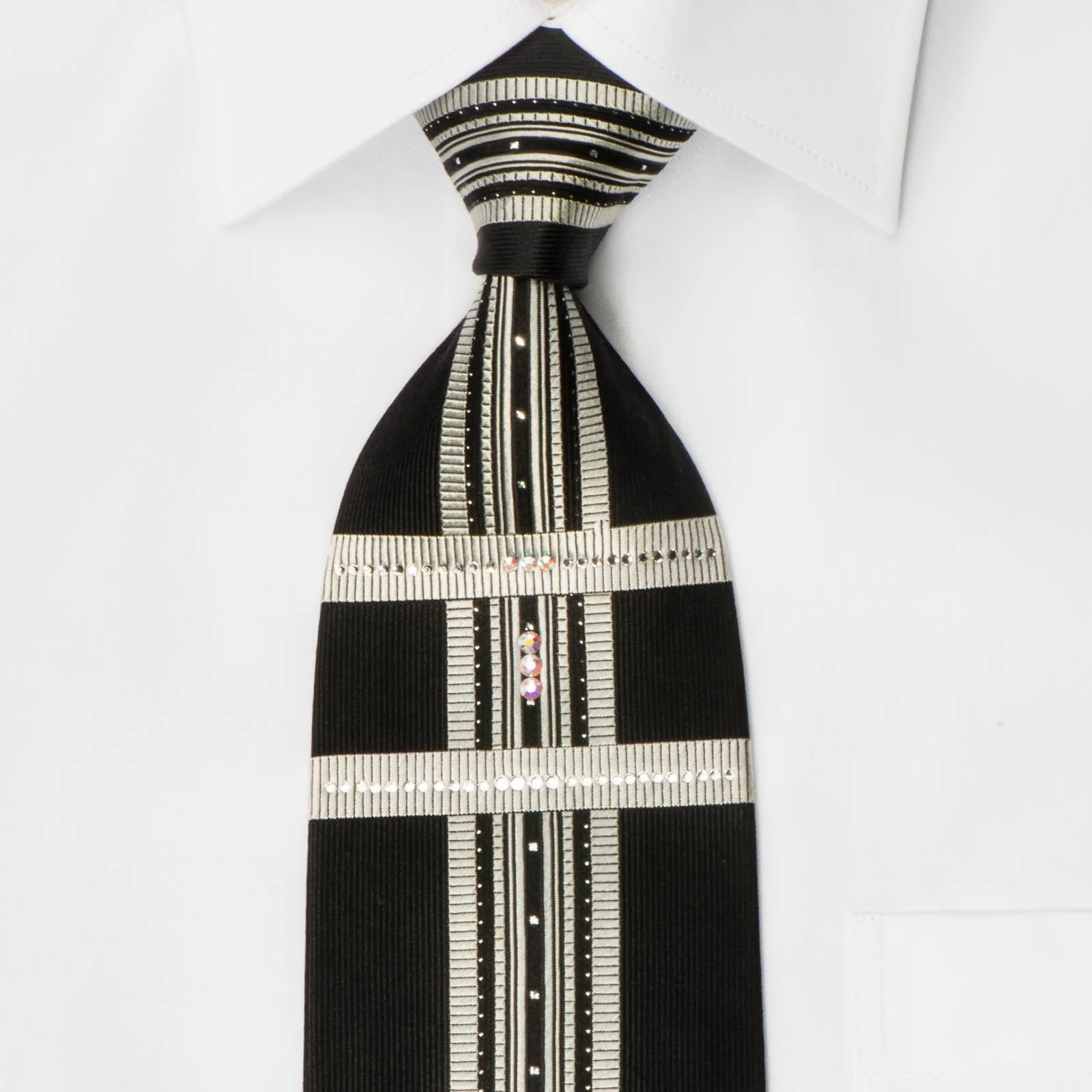 Elegance Silk Necktie Silver Stripes On Black With White Crystal Rhinestones & Silver Sparkles - Image 5