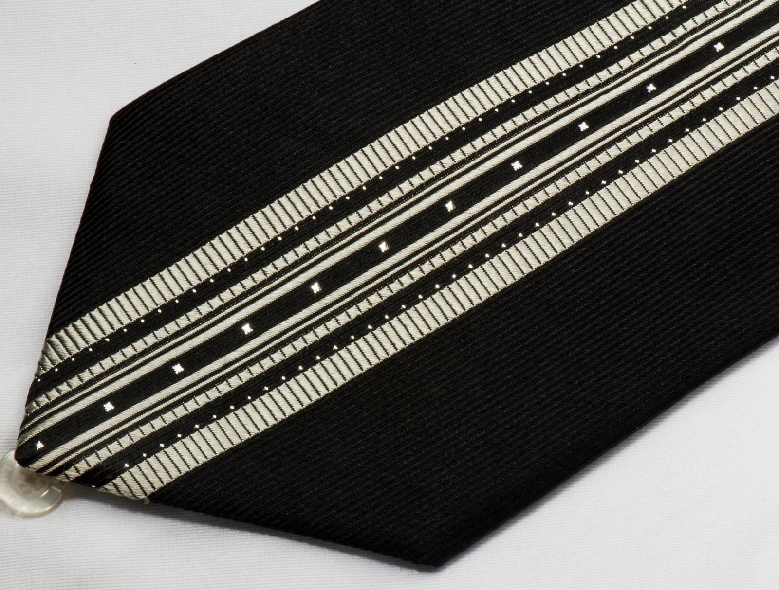 Elegance Silk Necktie Silver Stripes On Black With White Crystal Rhinestones & Silver Sparkles - Image 6