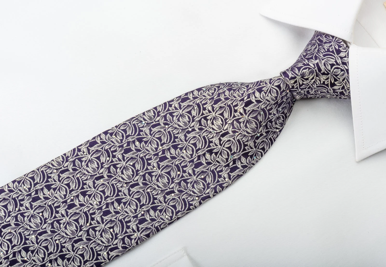 Elegance Silk Necktie Silver Vines On Blue With Rhinestones - Image 3