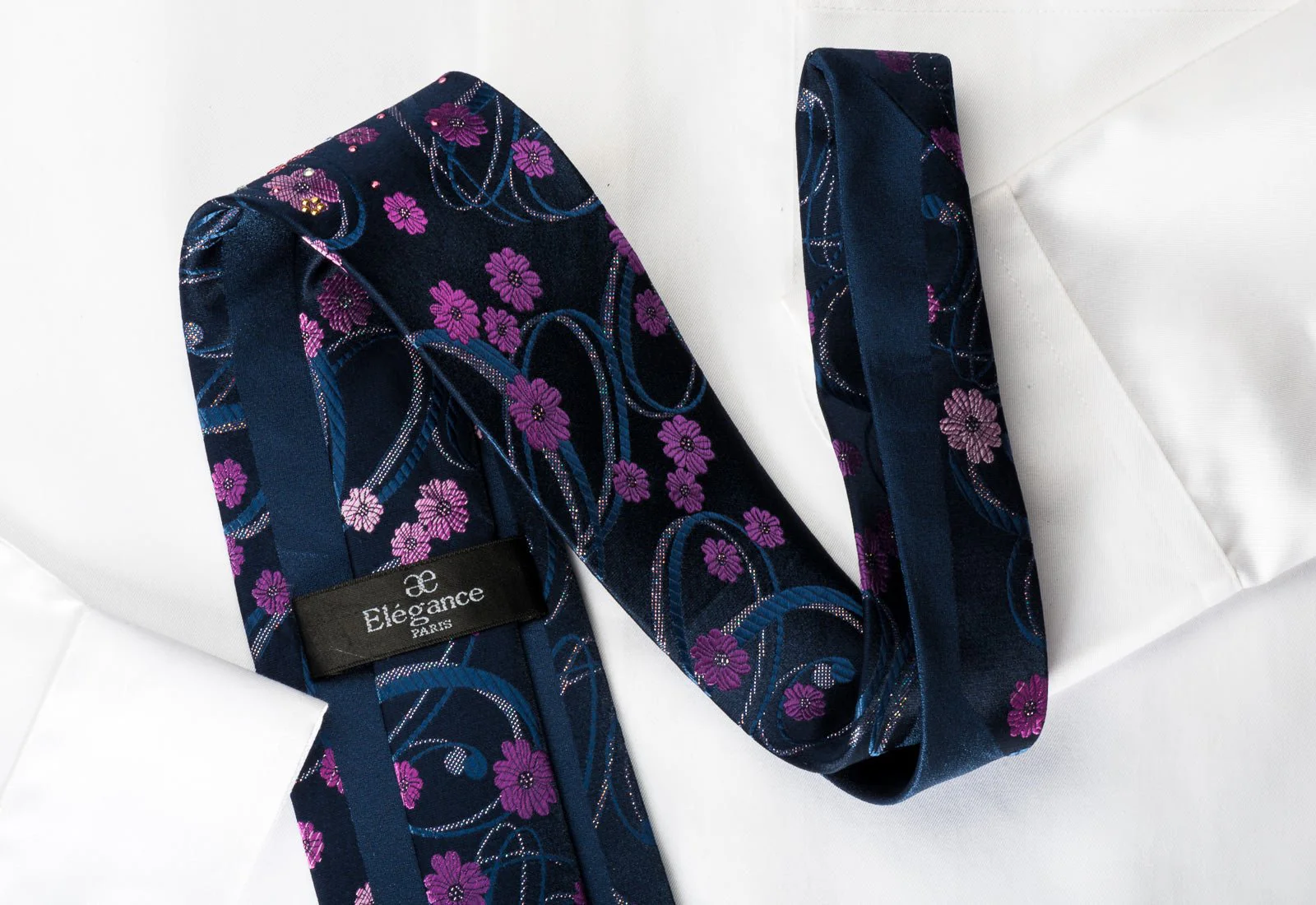 Elegance Silk Rhinestone Necktie Floral On Blue With Silver Sparkles - Image 4