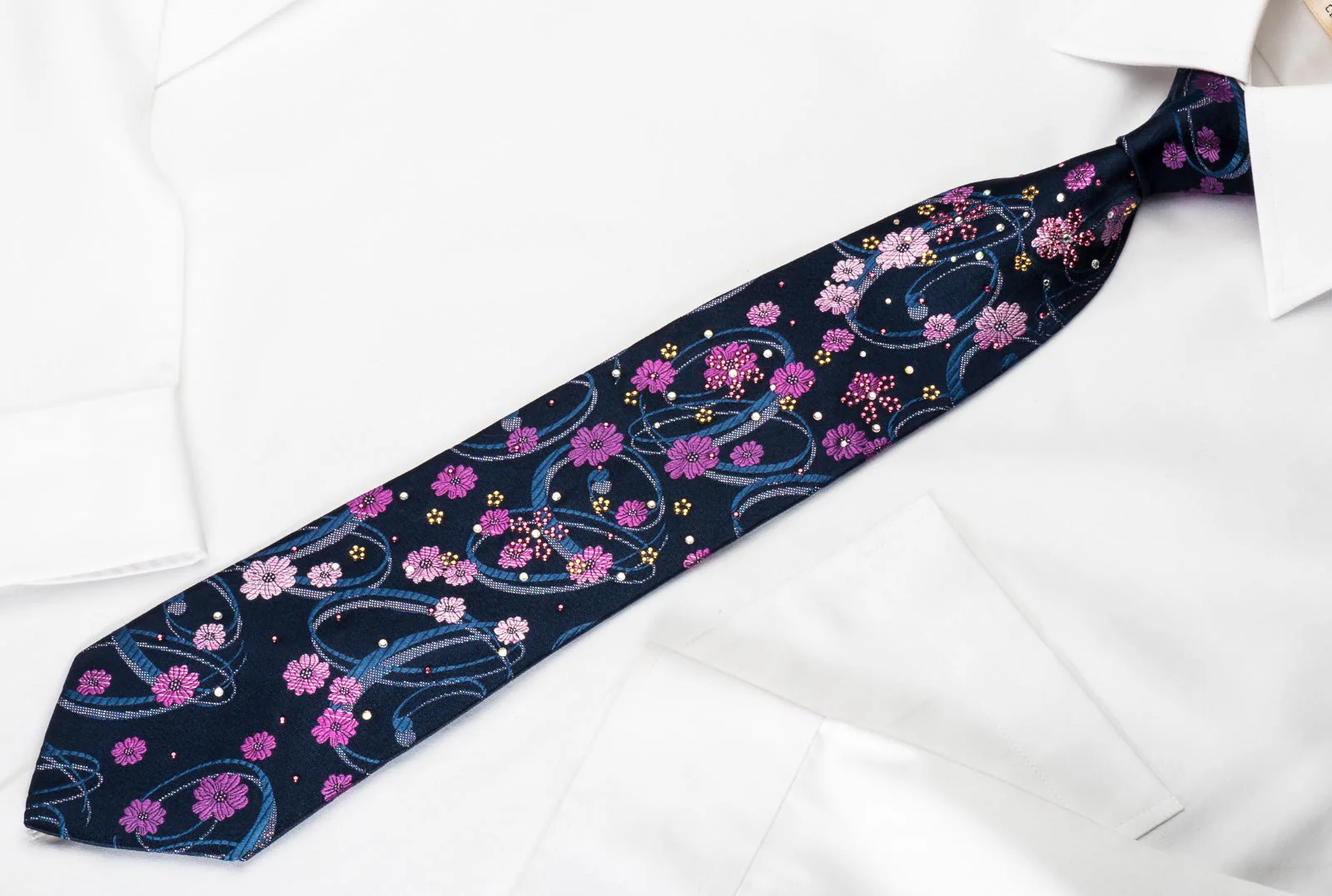 Elegance Silk Rhinestone Necktie Floral On Blue With Silver Sparkles - Image 5