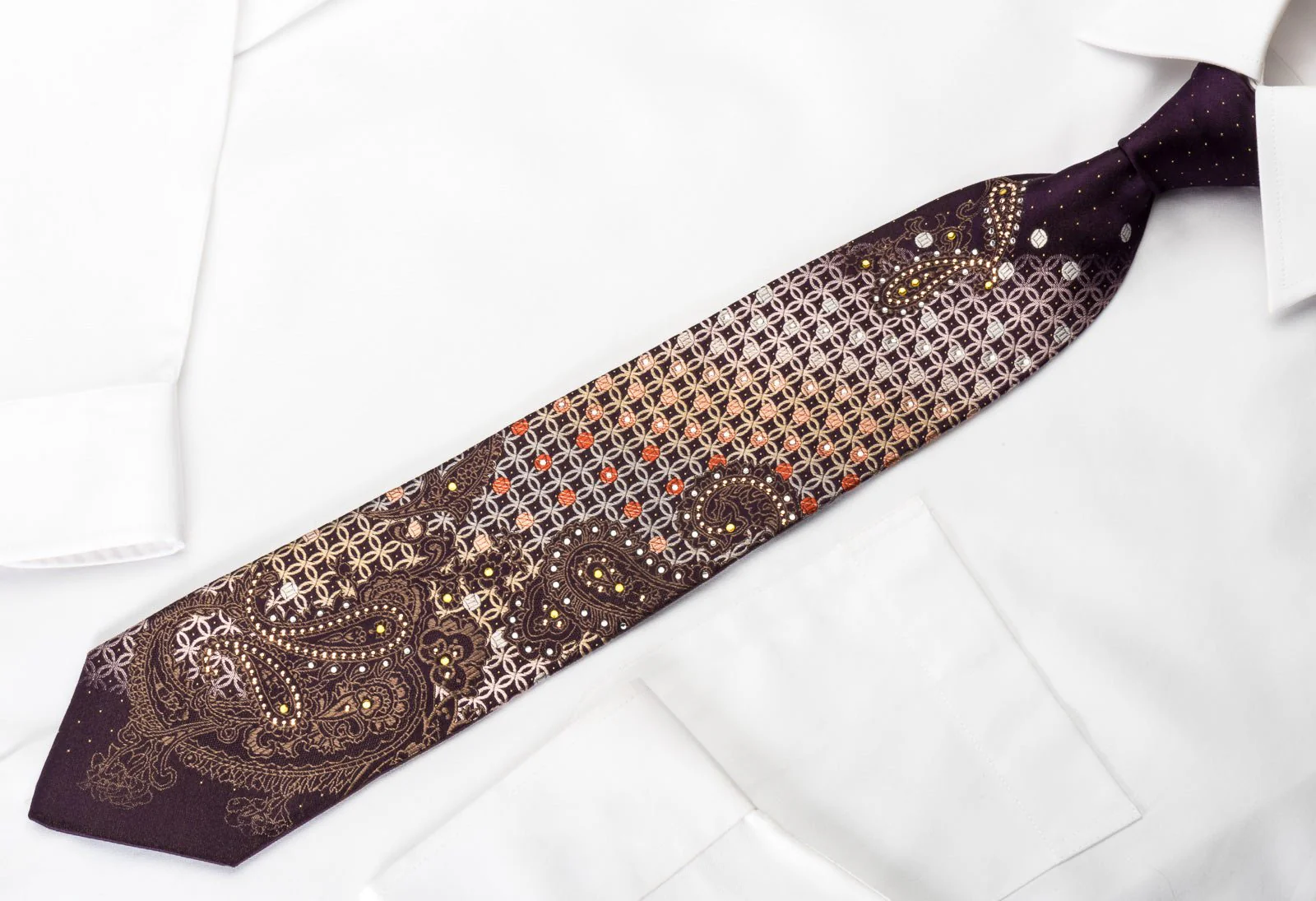 Elegance Silk Rhinestone Necktie Paisley Interlocking Circles On Brown With Silver Sparkles - Image 4