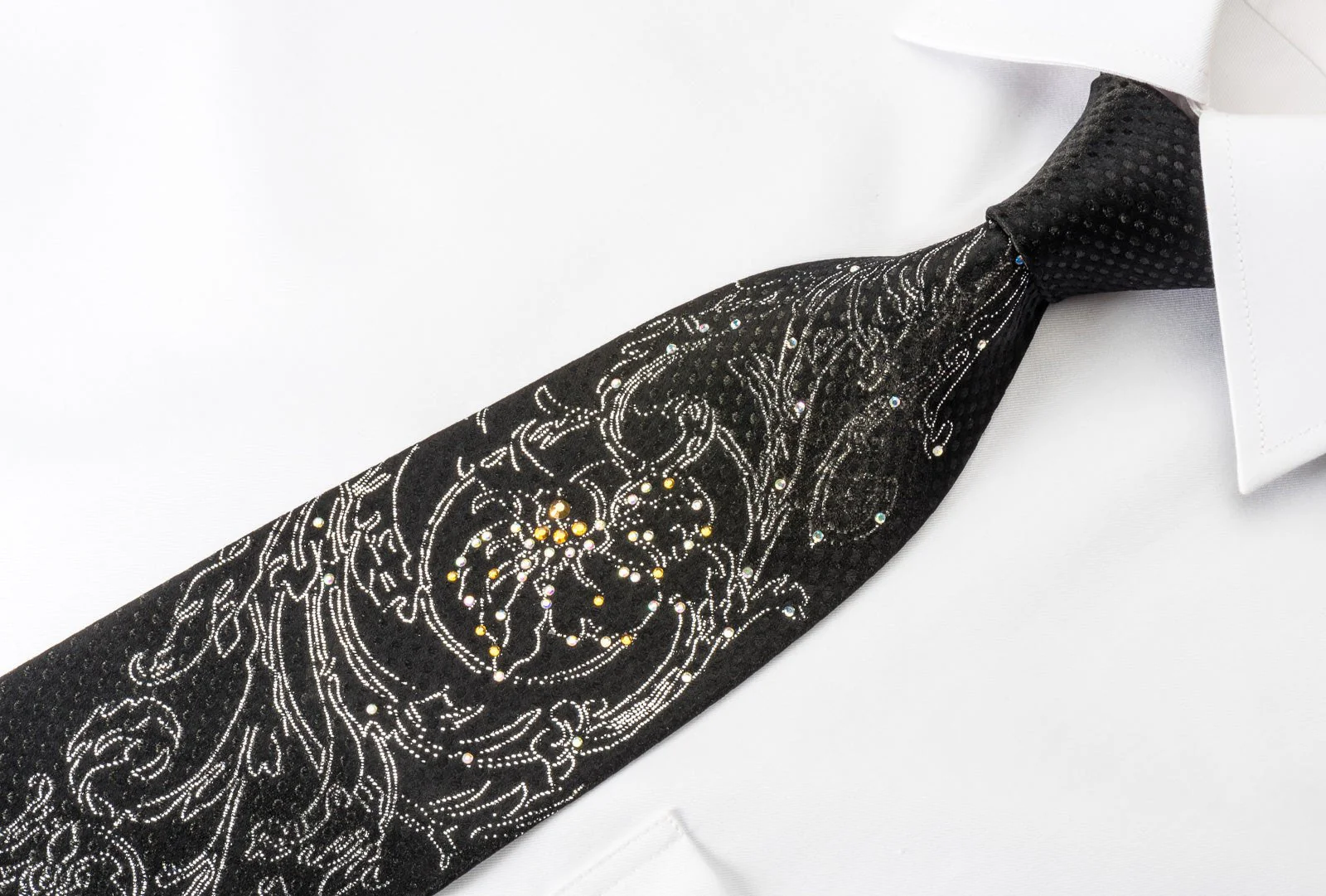 Elegance Silk Rhinestone Necktie Silver Floral On Black With Sparkles - Image 6