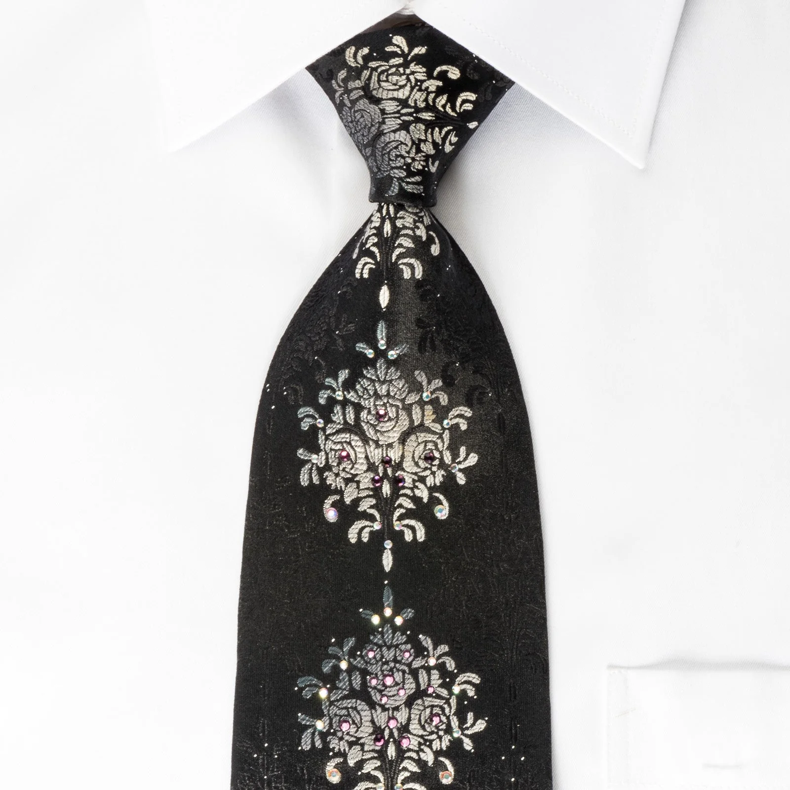 Elegance Silk Rhinestone Necktie Silver Floral On Black With Sparkles - Image 8