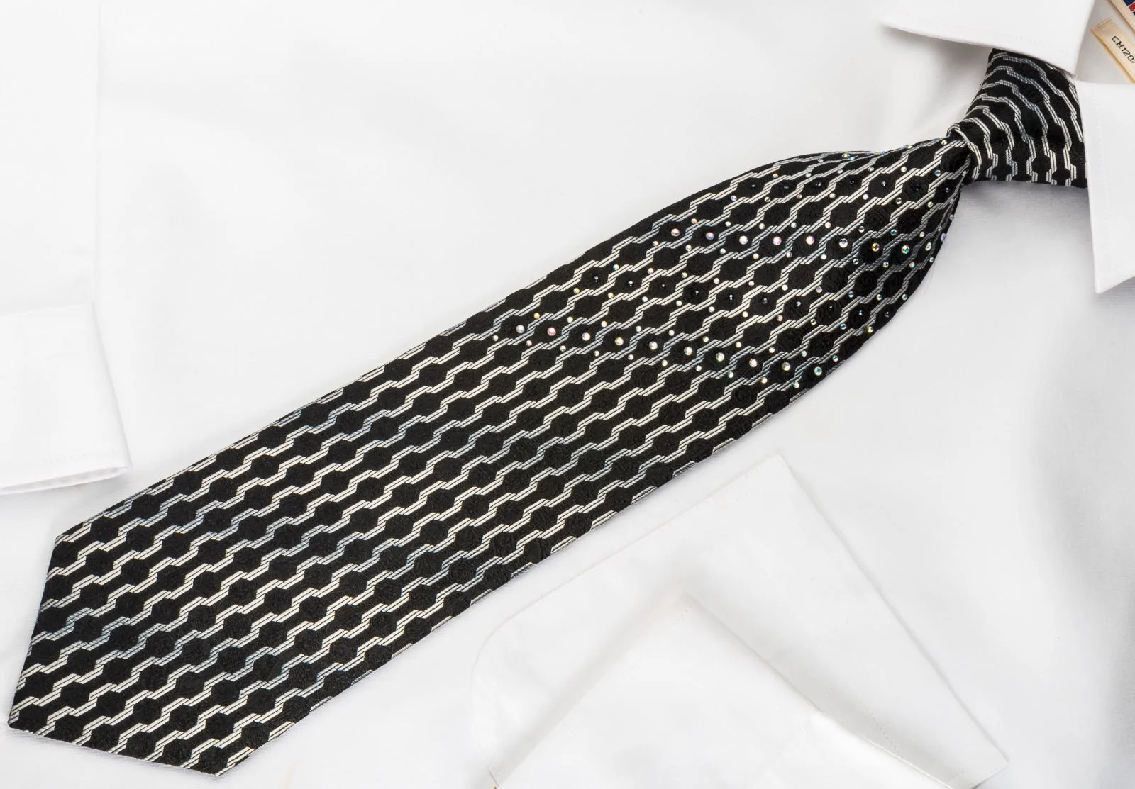 Elegance Silk Tie Silver Geometric On Black With Rhinestones - Image 5