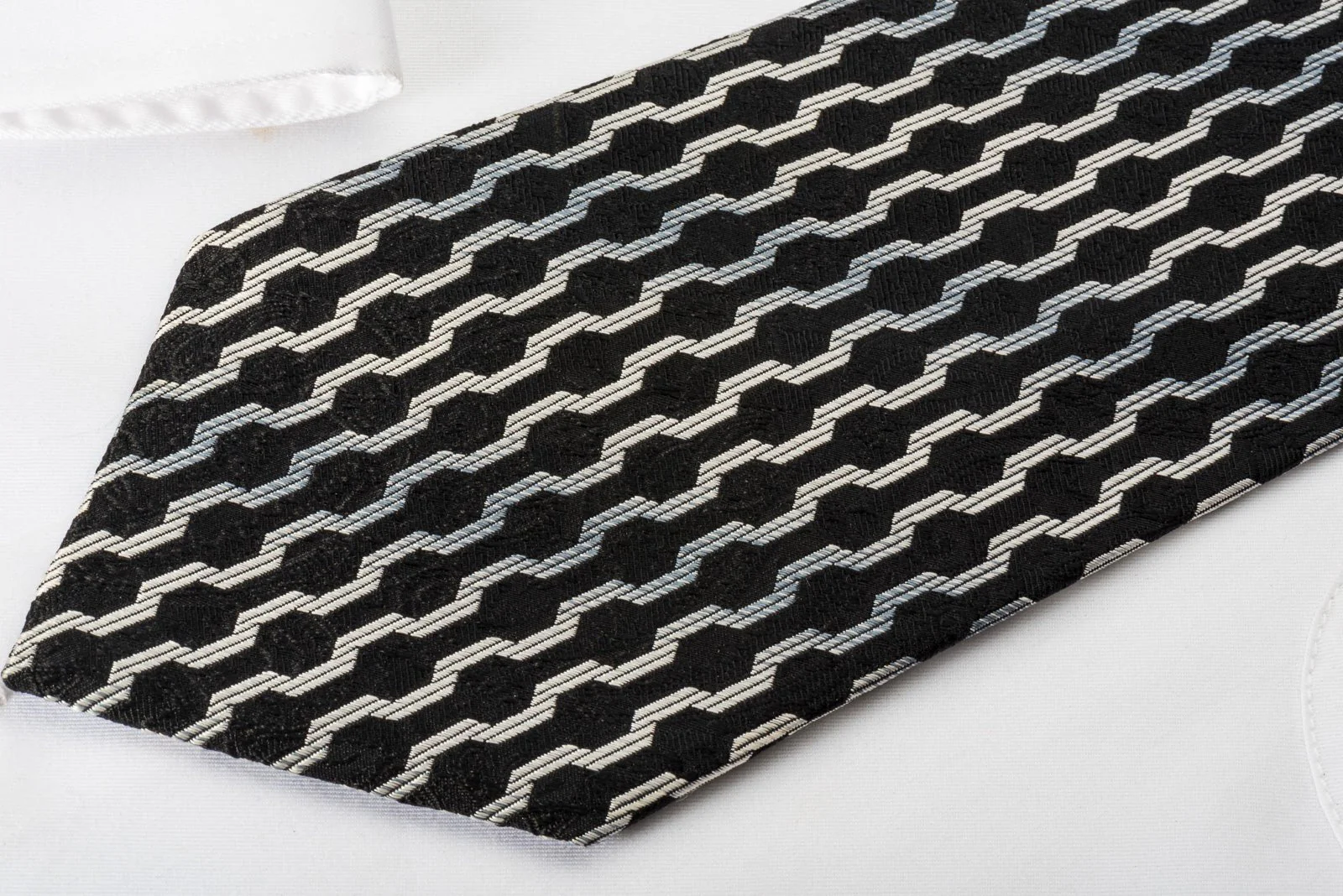 Elegance Silk Tie Silver Geometric On Black With Rhinestones - Image 7