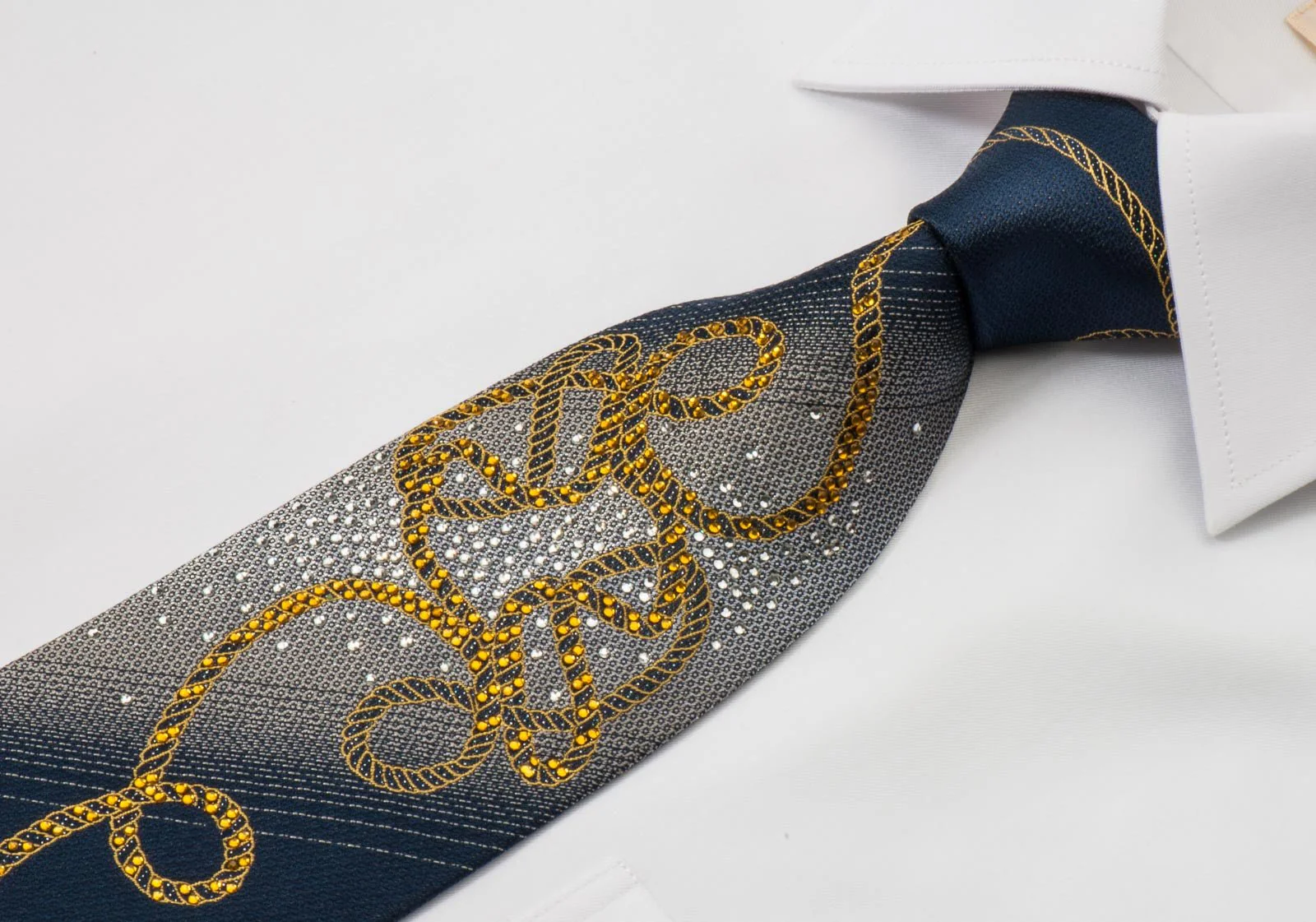Elegance Woven Silk Rhinestone Tie Golden Rope On Black With Sparkles - Image 2