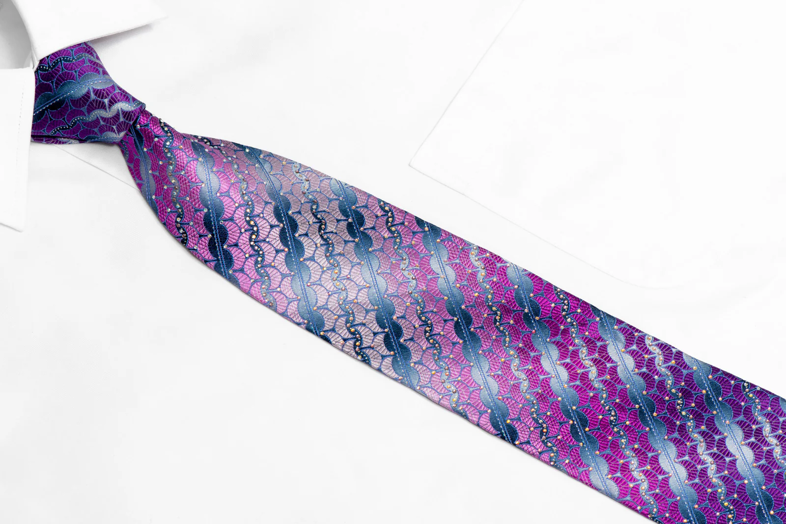 Pink Purple Geometric On Silver Rhinestone Silk Necktie With Sparkles - Image 2