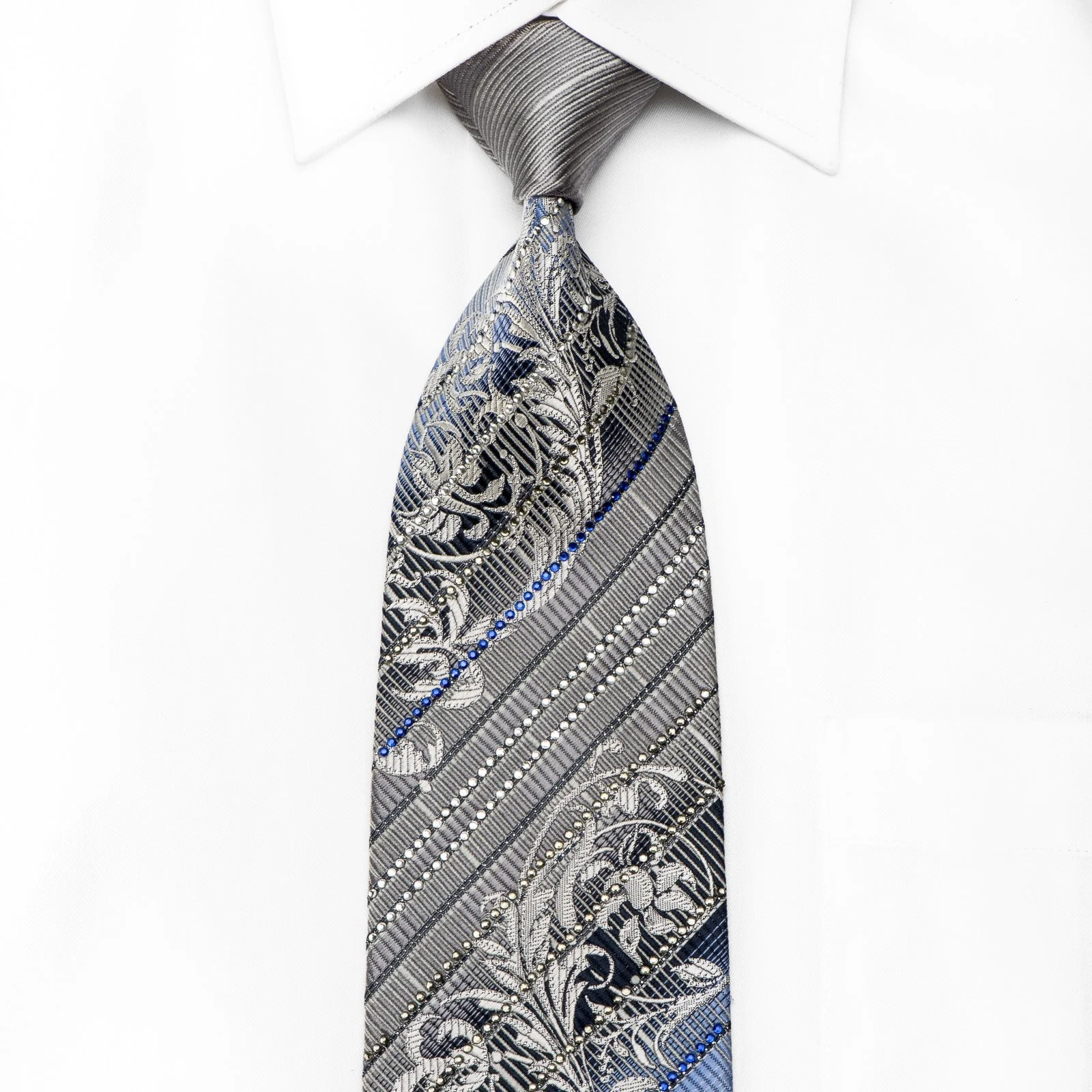 Elle Homme Men's Crystal Rhinestone Necktie Silver Blue Striped & Acanthus On Navy With Sparkles
