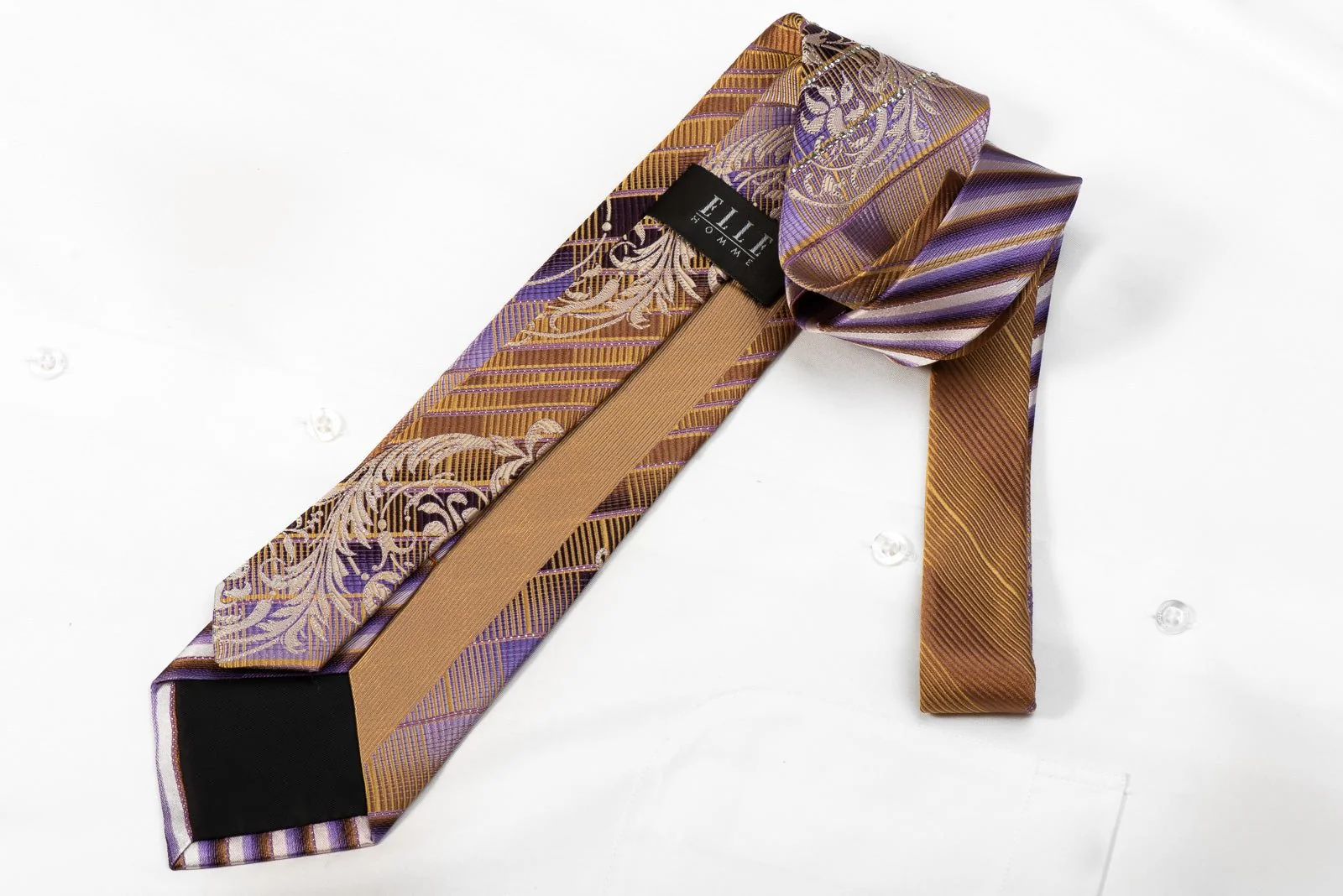 Elle Homme Men's Crystal Silk Tie Gold Purple Acanthus Striped With Silver Sparkles - Image 5